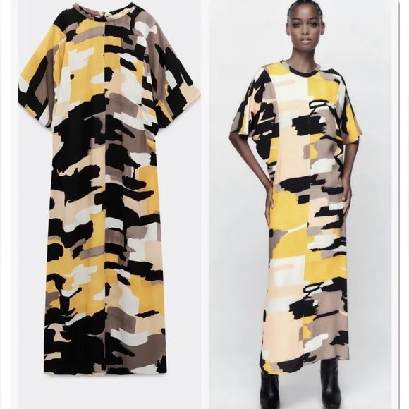 Zara Dresses & Skirts - ZARA PRINTED MIDI DRESS LIMITED EDITION MUSTARD NEW Size L